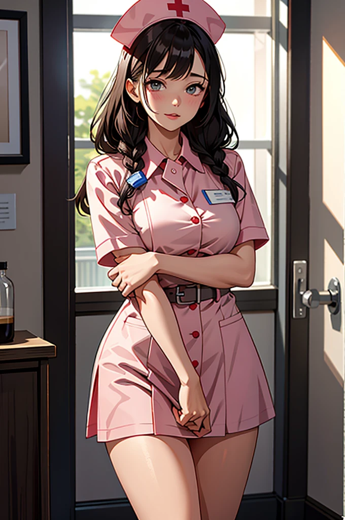 Nurse in the nurse&#39;s office,Wearing a white coat,Bra visible from underarm,Looking straight ahead,Small breasts,Anatomically correct,Japanese,Glasses,slouch,Long Hair