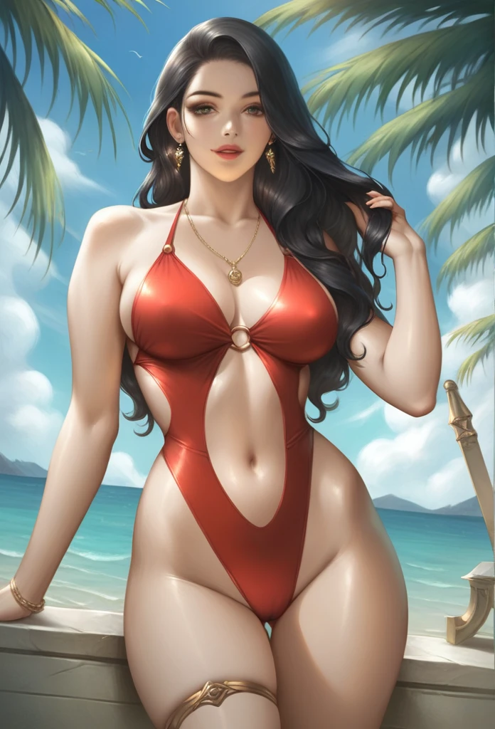 score_9, score_8_up, score_7_up, score_6_up, score_5_up, score_4_up, a beautiful elegant japanese supermodel, detailed beautiful face, long black hair, gentle expression, extremely detailed and realistic skin, porcelain white skin, amazing proportions, elegant swimsuit, sunset beach, desolate sandy shore, cinematic, low angle