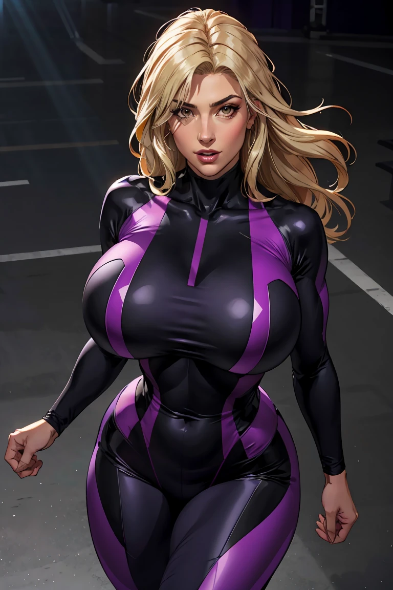 A woman in a black and purple outfit posing for a picture, extreme big breasts, voluptuos, tight gray bodysuit, aldult,blonde hair,long hair,brown eyes, wide hips, gym background，running，from above，look down, Exquisite facial features，looking at the audience,There is light in the eyes，Light and shadow interlace，huge tits, 