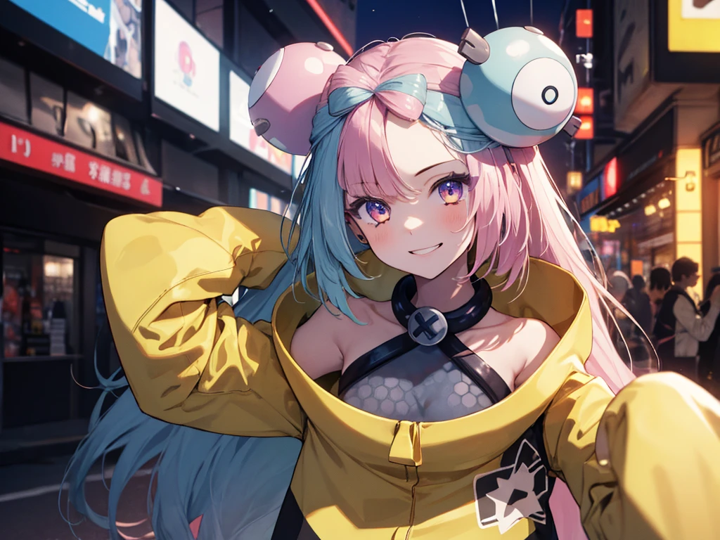 masterpiece, Highest quality, Perfect Face, Highest Resolution, Highest quality,Detailed depiction of the eyes, 8k, One Girl, Long Hair, Yellow Jacket, Long sleeve, hair ornaments, Future City, neon, laugh