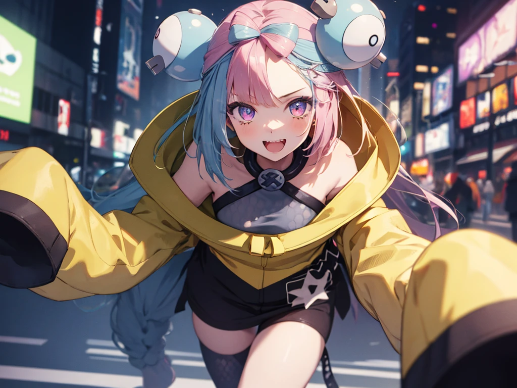 masterpiece, Highest quality, Perfect Face, Highest Resolution, Highest quality,Detailed depiction of the eyes, 8k, One Girl, Long Hair, Yellow Jacket, Long sleeve, hair ornaments, Future City, neon, laugh