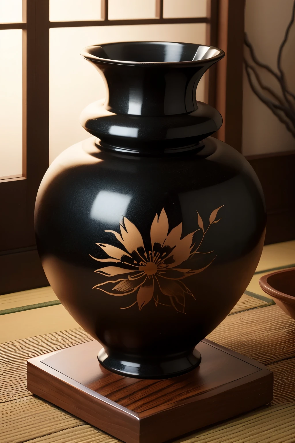 (best quality,8k,highres, masterpiece:1.2), ultra-detailed, HDR, UHD, studio lighting, ultra-fine painting, sharp focus, physically-based rendering, extreme detail description, professional, vivid colors, bokeh, portraits, concept artists, warm color palette, dramatic lighting,Pottery vessels, autumn flowers alive, Japan flower arrangement, tranquility, beauty, Japanese heart, ceramic vessels close to black, Japanese-style rooms,