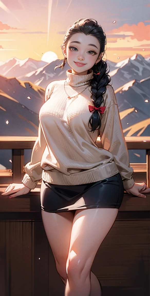 Sexy sweater，Short skirt，Eyes are very fragile，plump，Perfect body beauty:1.4、(Charming smile:1.5),Beautiful girl with double braids，Watch the sunset, ((In the mountains: 1.1))、What's the big deal ，（（best quality））， （（Intricate details））， （（Surrealism））（8K）