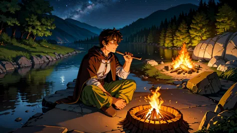 a serene riverside setting at night, where a male adventurer is camping by a warm, glowing campfire. the adventurer is a rugged ...