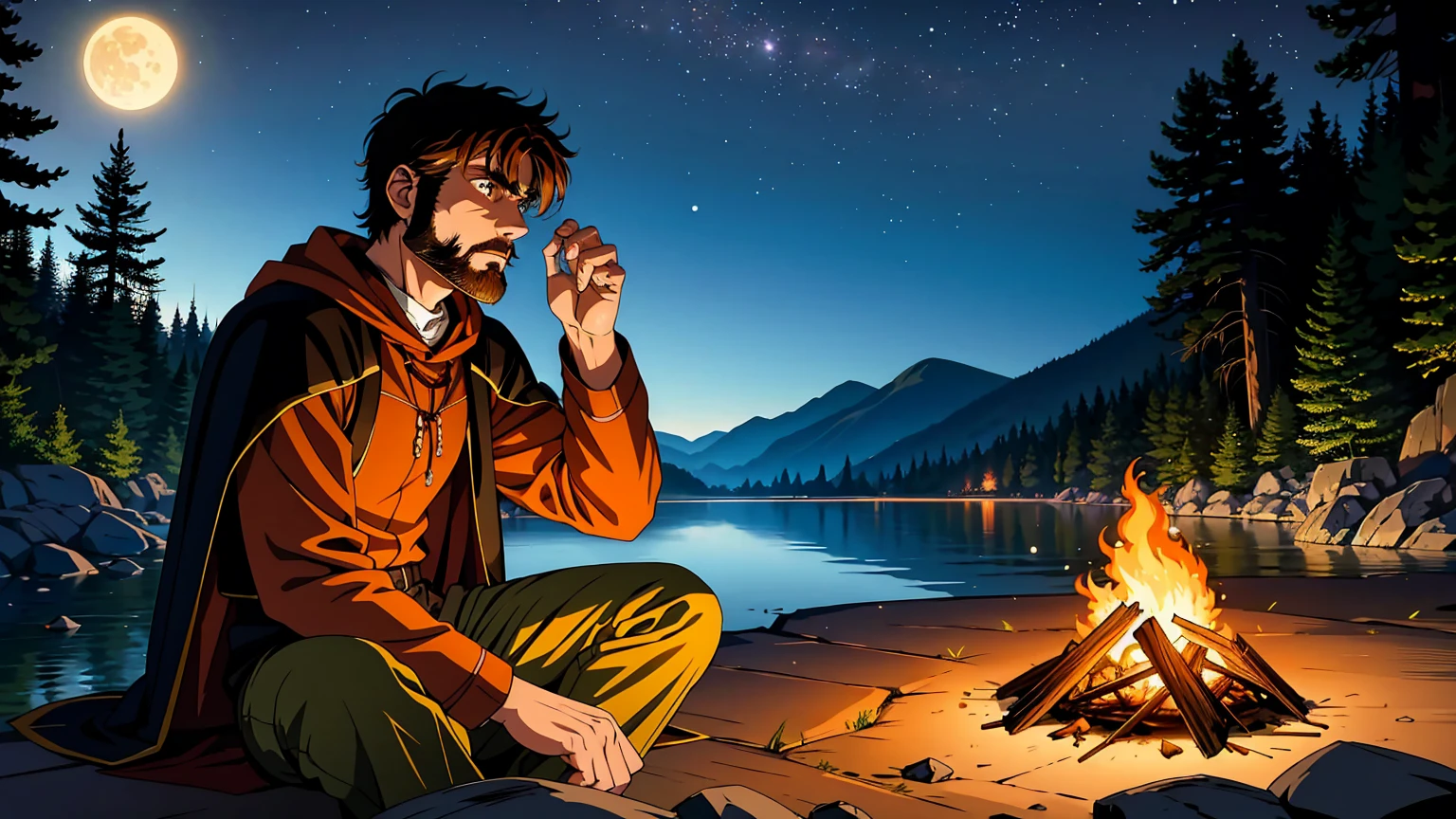 A serene riverside setting at night, where a male adventurer is camping by a warm, glowing campfire. The adventurer is a rugged man with short brown hair, wearing leather armor and a dark green cloak. He sits on a log near the fire, his face illuminated by the flickering flames, with a thoughtful expression. Around him, there are some simple camping gear, like a small tent, a backpack, and a cooking pot hanging over the fire. The river flows gently beside him, reflecting the light of the starry sky and a crescent moon. The atmosphere is peaceful, with the sounds of nature and the crackling of the fire creating a sense of solitude and adventure.