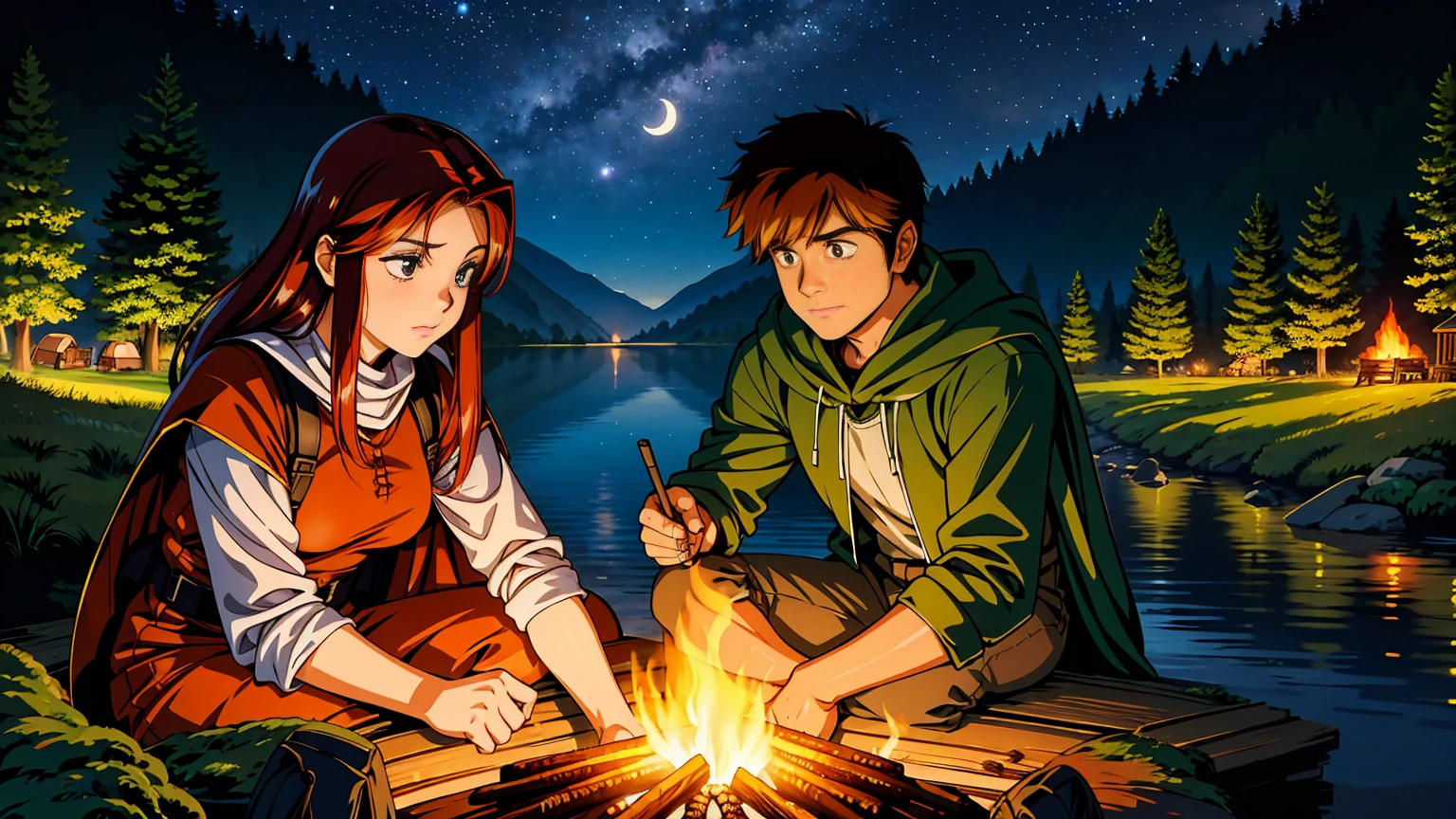 A serene riverside setting at night, where a female adventurer is camping by a warm, glowing campfire. The adventurer is a strong, determined woman with long, flowing auburn hair, wearing leather armor and a dark green cloak. She sits on a log near the fire, her face illuminated by the flickering flames, with a thoughtful and reflective expression. Around her, there are some simple camping gear, like a small tent, a backpack, and a cooking pot hanging over the fire. The river flows gently beside her, reflecting the light of the starry sky and a crescent moon. The atmosphere is peaceful and quiet, with the sounds of nature and the crackling of the fire creating a sense of solitude and adventure.