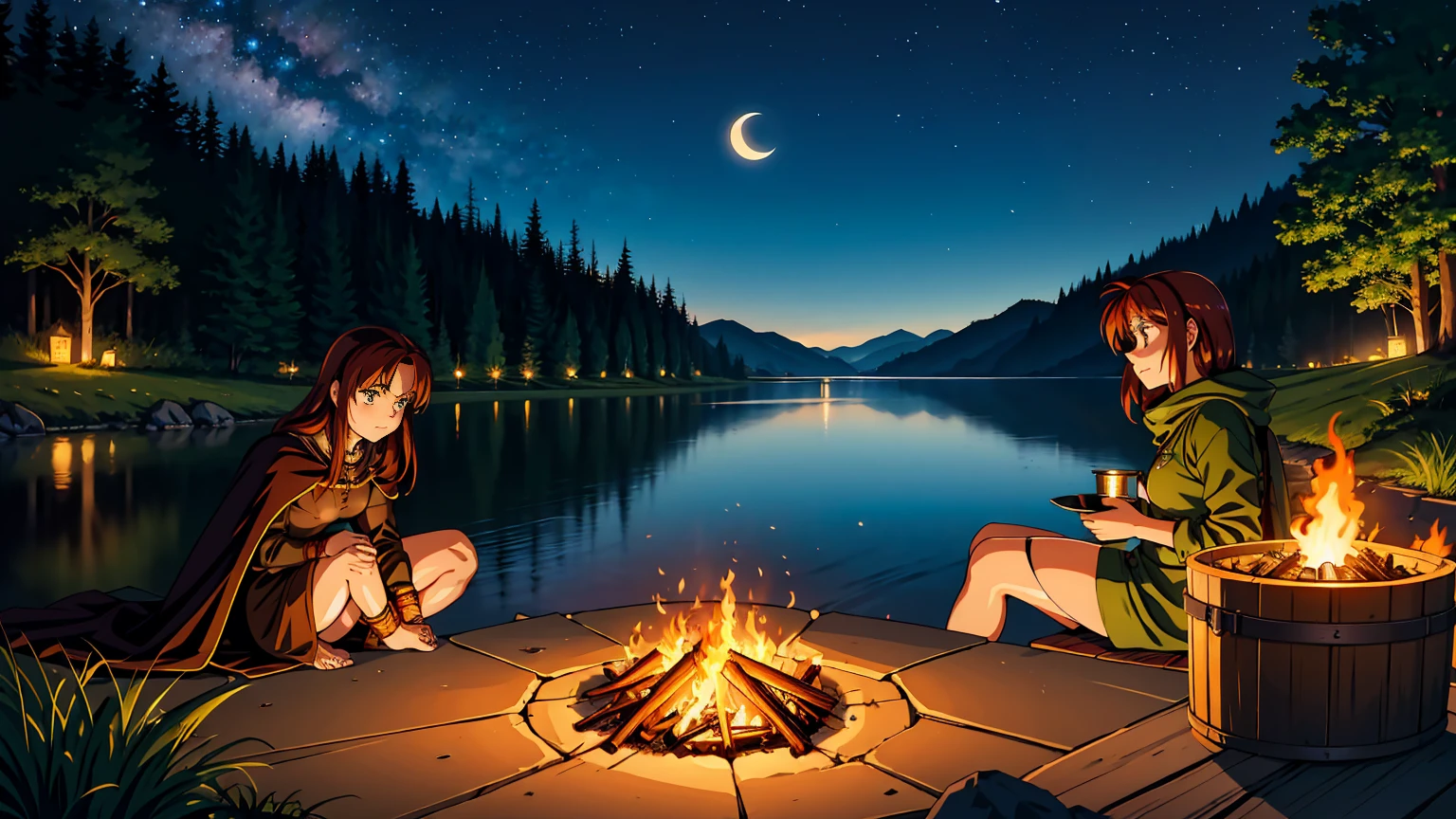 A serene riverside setting at night, where a female adventurer is camping by a warm, glowing campfire. The adventurer is a strong, determined woman with long, flowing auburn hair, wearing leather armor and a dark green cloak. She sits on a log near the fire, her face illuminated by the flickering flames, with a thoughtful and reflective expression. Around her, there are some simple camping gear, like a small tent, a backpack, and a cooking pot hanging over the fire. The river flows gently beside her, reflecting the light of the starry sky and a crescent moon. The atmosphere is peaceful and quiet, with the sounds of nature and the crackling of the fire creating a sense of solitude and adventure.