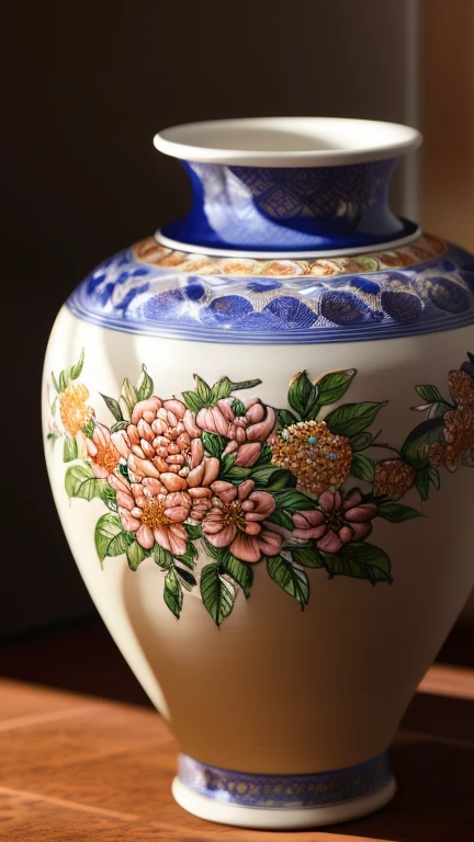 a detailed ceramic vase, intricate floral pattern, glossy glaze, high quality 3d render, photorealistic, delicate craftsmanship, golden accents, dramatic lighting, warm color tones, smooth ceramic texture, elegant design, masterpiece