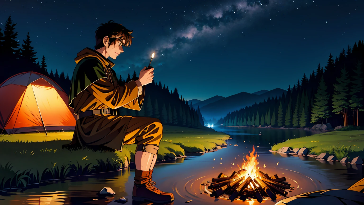 A serene riverside setting at night, where a male adventurer is camping by a warm, glowing campfire. The adventurer is a rugged man with short brown hair, wearing leather armor and a dark green cloak. He sits on a log near the fire, his face illuminated by the flickering flames, with a thoughtful expression. Around him, there are some simple camping gear, like a small tent, a backpack, and a cooking pot hanging over the fire. The river flows gently beside him, reflecting the light of the starry sky and a crescent moon. The atmosphere is peaceful, with the sounds of nature and the crackling of the fire creating a sense of solitude and adventure.