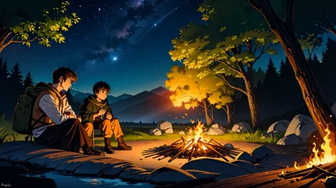 a serene riverside setting at night, where a male adventurer is camping by a warm, glowing campfire. the adventurer is a rugged ...