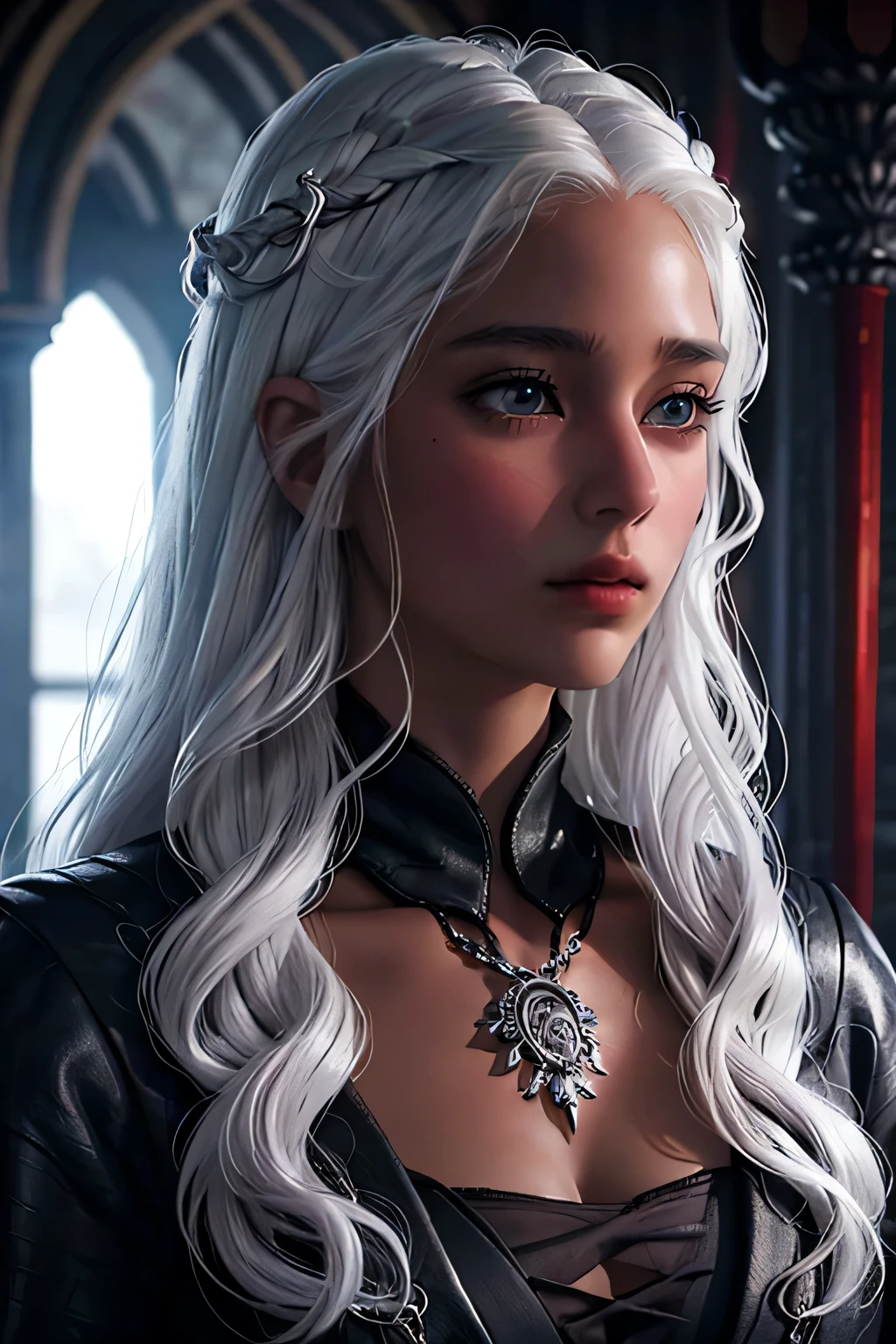 Beautiful, woman, 25, brown skin, purple eyes, black dress, Long Hair, Solo, Hair Ornament, Jewelry, High Resolution, Masterpiece, Accurate, Anatomically Correct, Best Quality, White Hair, Game of Thrones, Targaryen, Portrait, Nubian nose