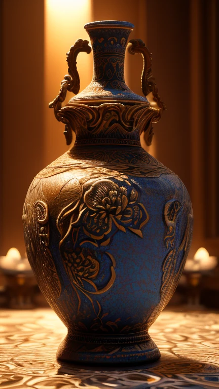 a detailed ceramic vase, intricate floral pattern, glossy glaze, high quality 3d render, photorealistic, delicate craftsmanship, golden accents, dramatic lighting, warm color tones, smooth ceramic texture, elegant design, masterpiece