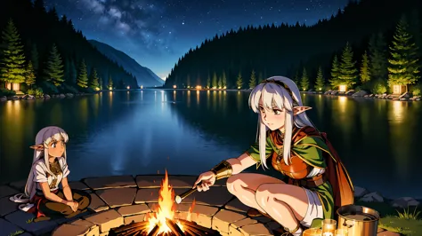 a serene riverside setting at night, where a female elf adventurer with long, flowing silver hair is camping by a warm, glowing ...