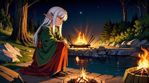 a serene riverside setting at night, where a female elf adventurer with long, flowing silver hair is camping by a warm, glowing ...