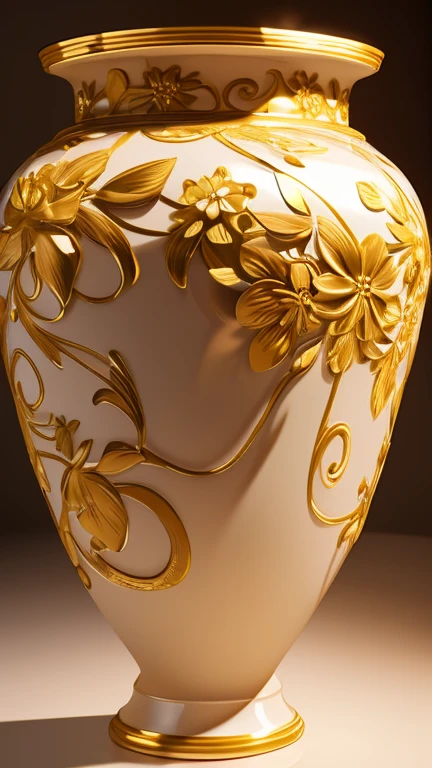 a detailed ceramic vase, intricate floral pattern, glossy glaze, high quality 3d render, photorealistic, delicate craftsmanship, golden accents, dramatic lighting, warm color tones, smooth ceramic texture, elegant design, masterpiece