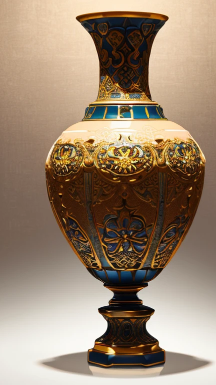 a detailed ceramic vase, intricate floral pattern, glossy glaze, high quality 3d render, photorealistic, delicate craftsmanship, golden accents, dramatic lighting, warm color tones, smooth ceramic texture, elegant design, masterpiece