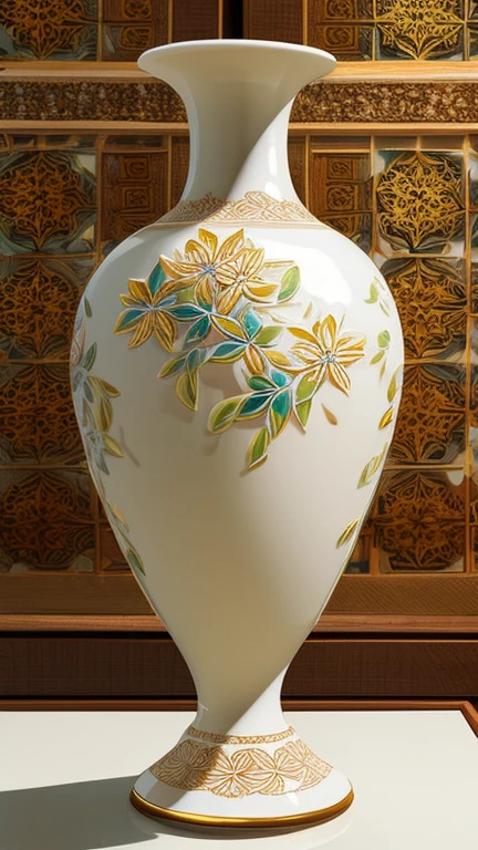 a detailed ceramic vase, intricate floral pattern, glossy glaze, high quality 3d render, photorealistic, delicate craftsmanship, golden accents, dramatic lighting, warm color tones, smooth ceramic texture, elegant design, masterpiece