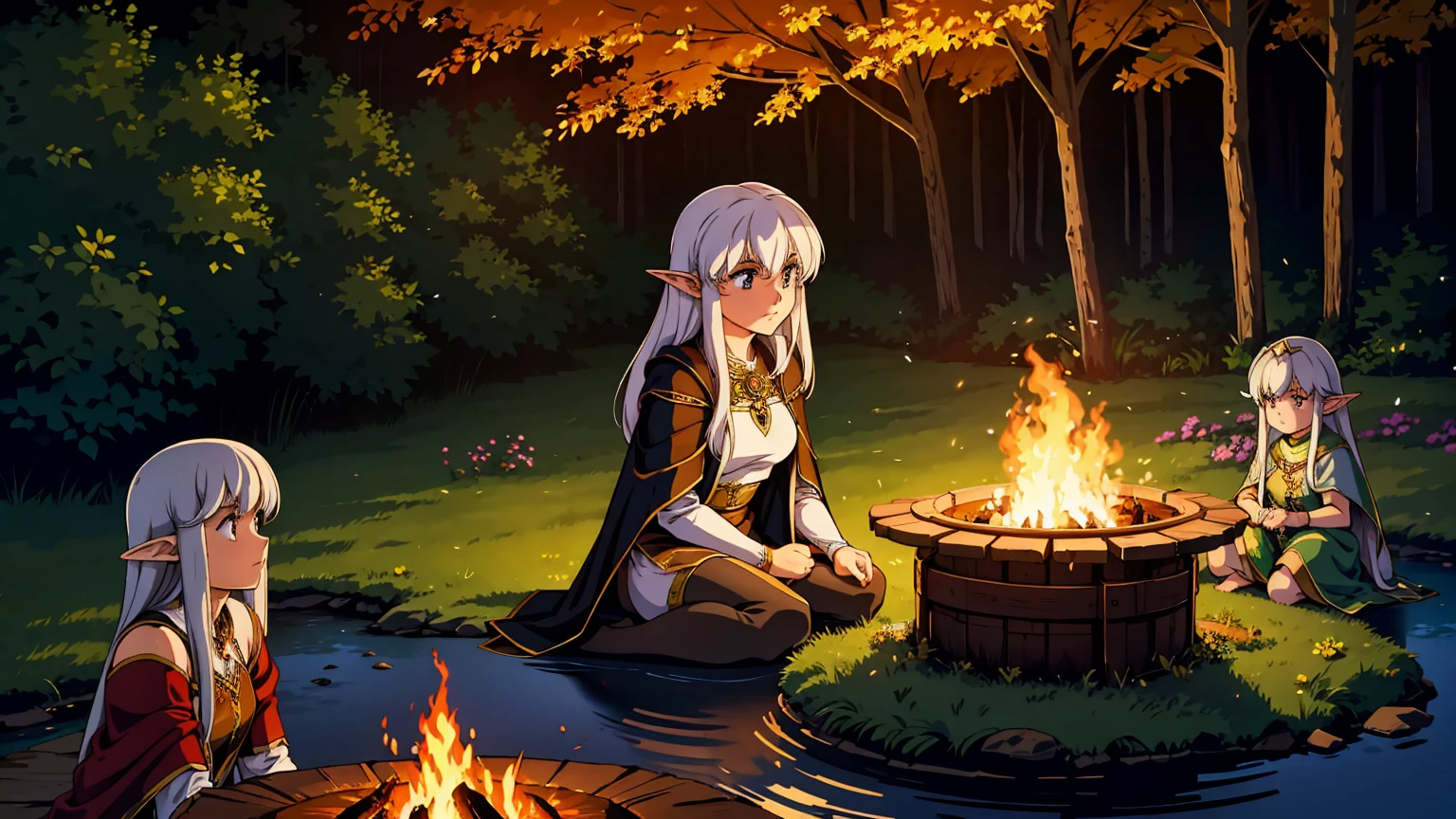 A serene riverside setting at night, where a female elf adventurer with long, flowing silver hair is camping by a warm, glowing campfire. The elf has pointed ears and a mystical aura, wearing elegant leather armor adorned with intricate elven designs and a dark green cloak. She sits gracefully on a log near the fire, her face illuminated by the flickering flames, with a thoughtful and serene expression. Around her, there are some simple camping gear, like a small tent, a backpack, and a cooking pot hanging over the fire. The river flows gently beside her, reflecting the light of the starry sky and a crescent moon. The atmosphere is magical and peaceful, with the sounds of nature and the crackling of the fire creating a sense of solitude and wonder.