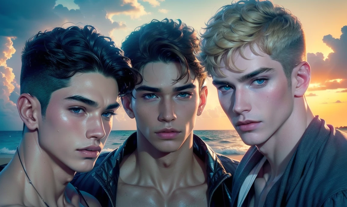 [((highly detailed, detailed eyes, detailed face, clear and realistic facial features, photorealistic, realistic light, cinematic, standing close together, close up)), ((((3 men, each man looks unique, each man has a different natural hair color and different facial features and skin color)))), (((sexy male college-age jocks standing on the beach looking aroused))), ((smirking)), ((dilated pupils and flushed skin)), ((wearing casual clothes)), ((beautiful deserted tropical island with a storm in background))]