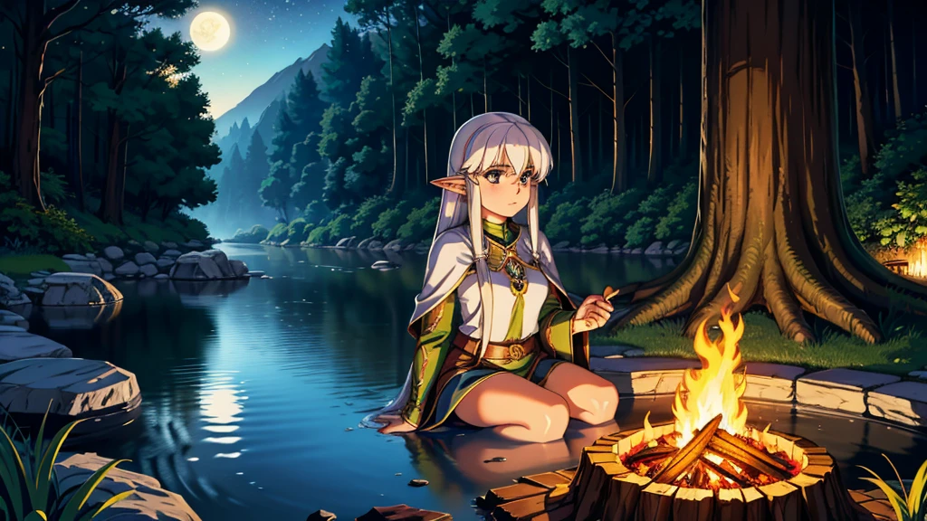 A serene riverside setting at night, where a female elf adventurer with long, flowing silver hair is camping by a warm, glowing campfire. The elf has pointed ears and a mystical aura, wearing elegant leather armor adorned with intricate elven designs and a dark green cloak. She sits gracefully on a log near the fire, her face illuminated by the flickering flames, with a thoughtful and serene expression. Around her, there are some simple camping gear, like a small tent, a backpack, and a cooking pot hanging over the fire. The river flows gently beside her, reflecting the light of the starry sky and a crescent moon. The atmosphere is magical and peaceful, with the sounds of nature and the crackling of the fire creating a sense of solitude and wonder.