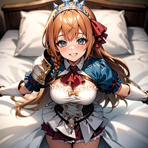 high quality,(lie on your back on the bed), outstretched arms, aapeco, very long hair, ahoge, braid, tiara, hair ribbon, red asc...