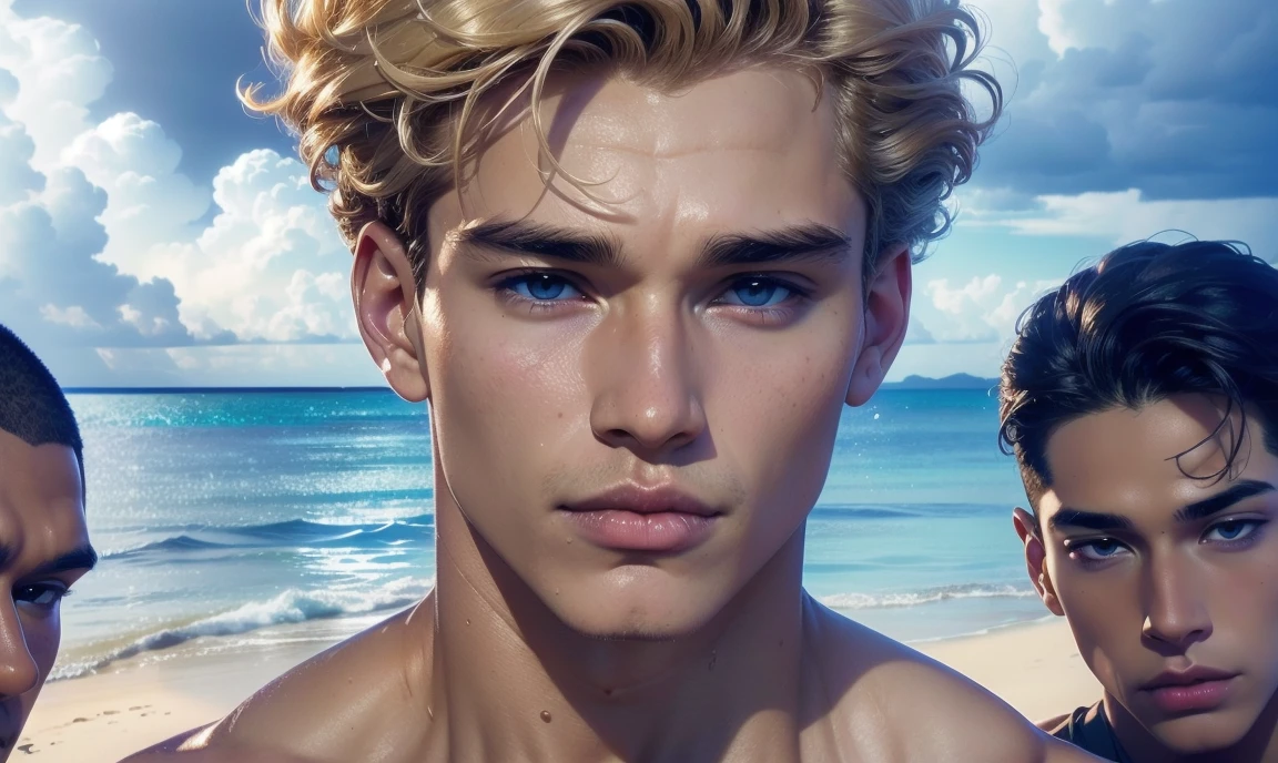 [((highly detailed, detailed eyes, detailed face, clear and realistic facial features, photorealistic, realistic light, cinematic, standing close together, close up)), ((((3 men, each man looks unique, each man has a different natural hair color and different facial features and skin color)))), (((sexy male college-age jocks standing on the beach looking aroused))), ((smirking)), ((dilated pupils and flushed skin)), ((wearing casual clothes)), ((beautiful deserted tropical island with a storm in background))]