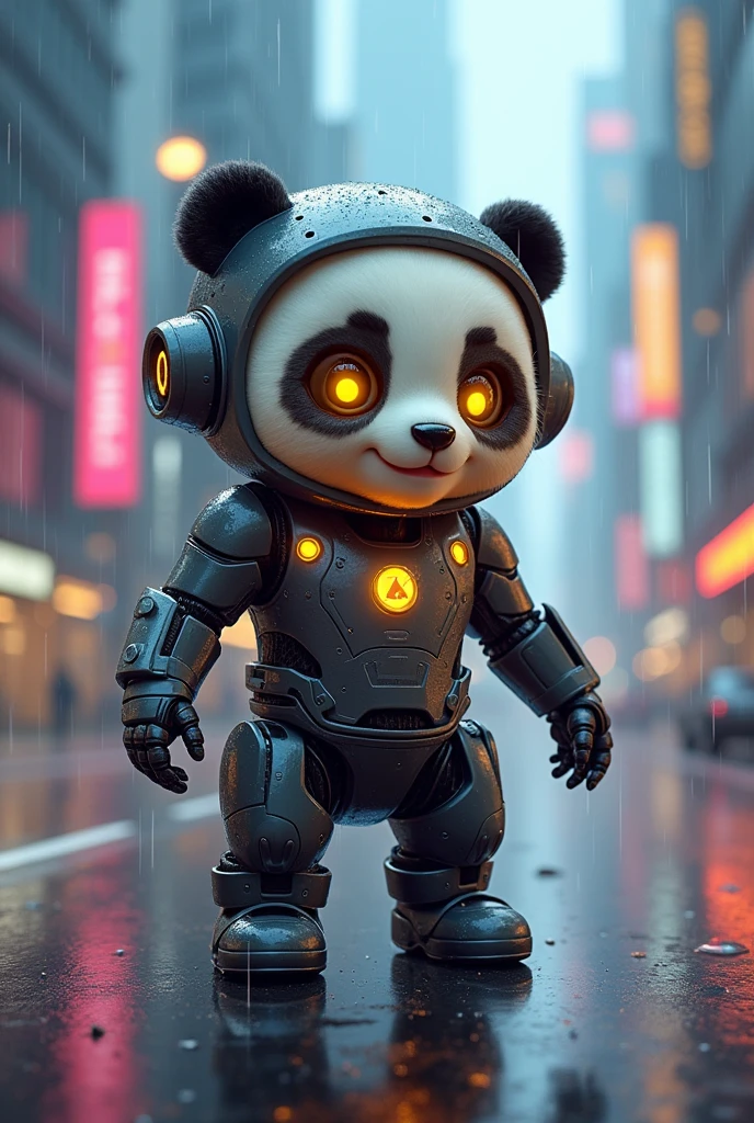 (photorealism:1.2), 
A cartoon caricature of a baby panda wearing a futuristic robot suit. The panda's eyes are glowing with yellow lights, giving it a high-tech look. It stands in the middle of a futuristic city with tall, sleek buildings and neon lights. The scene is set during a light drizzle, with rain softly falling and creating a reflective surface on the ground. The baby panda's expression is a mix of curiosity and determination, as it navigates the futuristic cityscape in its robot outfit, blending cuteness with a sci-fi vibe