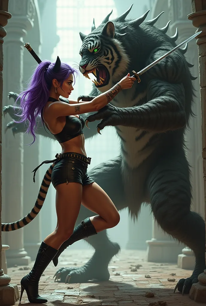 A tiger woman, wild and very strong, with big, sharp nails, with green asian eyes, perky breasts, thin waist and wide hips, purple hair. fully body, high heel boots. holding a katana sword. realisitic. In the background a medieval castle. Karate-chopping a very dark black monster, very angry and badly biting the woman&#39;s arm. 