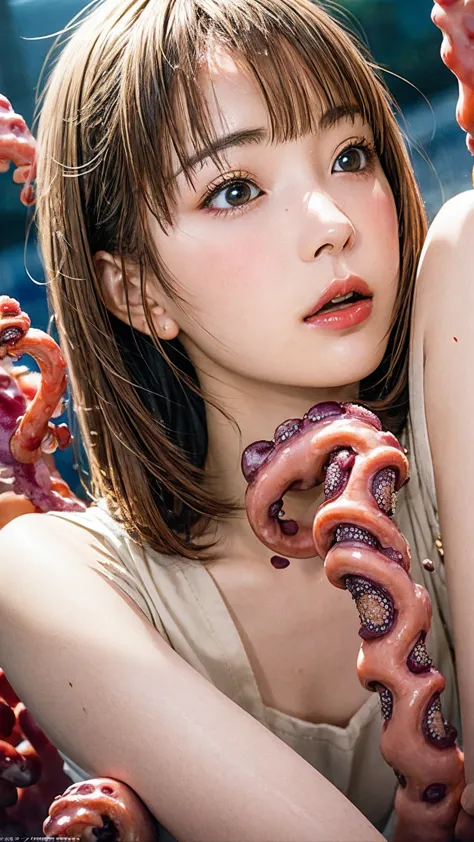 woman attacked by monster tentacles、kissing face、highest quality, masterpiece, ultra-high resolution, (realistic:1.4), ) raw pho...