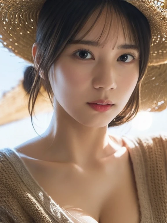 (highest quality,masterpiece:1.3,ultra high resolution),(Super detailed,caustics,8k),(photorealistic:1.4,RAW shooting),1girl,(look down at the camera),(front shot:1.1),(face forward),1,cute,Japanese,sleeveless ribbed sweater,(small breasts),(big boobs),(close up),(breast focus),street,sunshine,Natural light,(Backlight),(A bright light shines from behind),(Lens flare),professional writing,(cowboy shot),(low position:1.3),(Low - Angle:1.3),sad,cleavage