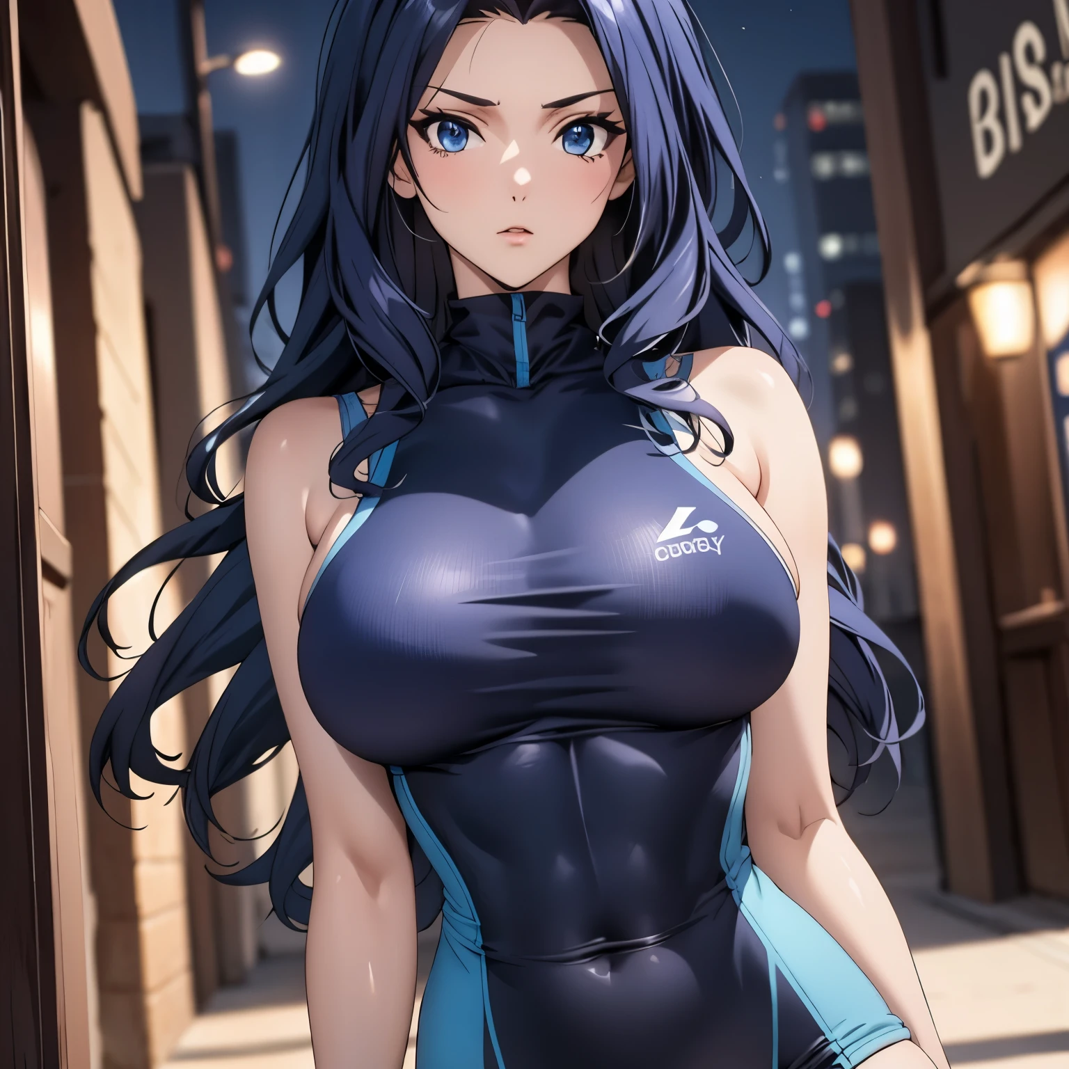 Melty Q Melromarc. detailed blue eyes, beautiful light skinned woman, straight wavy hair BLUE, bright blue eyes big breasts fitness clothing, low-cut, New York at night background.