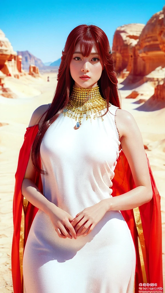 Charming，A head of exquisite silver long hair、beautiful eyes ,Beautiful lips with a sense of transparency、Light red hollow dress，Red Hair，Showing off beautiful round breasts, Press chest together ,Gold and jewelry ,not good, Hips up , Pose from all angles , outdoor, Desert Style, Scenery background , Dramatic Lighting