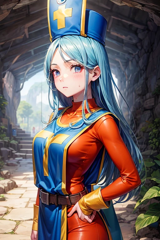 masterpiece, Highest quality,  Unreal Engine,  Super Resolution,  Very detailed, 

Beautiful woman, Dragon Quest Female Monk, long sky blue hair, Blue priest hat, Orange bodysuit, friend, Tabard, - Elbow hand pockets, Vivid expression, Healthy Body, Beautifully detailed sweat glands, Smooth skin texture, Carefully drawn, 

(humidity:1.5), (Hot Temperatures:1.5), Beautiful Eyes, (Attractive face:1.2), (Beautiful Skin), Tight waist, (Sticky with sweat), Irresistibly sexy pose, 

In the world of Dragon Quest, (Inside the cave where you can see magma), 