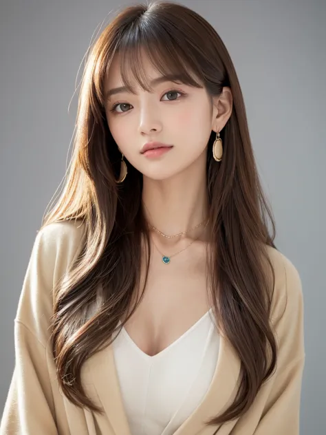  ((Highest quality, 8k, masterpiece:1.3)), concentrate: 1.2, Perfect body beauty: 1.4, Hips: 1.2, ((Long Hair, chest: 1.2)), (Dry clothes: 1.1) , (clear, Simple Background:1.3), Simple clothes: 1.1, Highly detailed face and skin texture,Delicate eyes, double eyelid, Whitened skin, Rough skin、Long Hair、bangs、Simple earrings、necklace、 solo、Beige coat、White shirt,  (((Cute and beautiful Japan)))、  ((Beautiful 20-year-old Japanese))、 ((Baby Face))、 (((Slender body)))、  Upper Body，Face focus、necklace，Simple Background，From above， Realistic Hair、 A photograph was taken:Canon EOS R6、135mm、1/1250 seconds、f2.8、ISO400、(Detailed explanation of the hand)、(Masseter muscle area)、(Exquisite CG)、Long Hair, loose and curly hair、Korean Hair、Long Hair明るいベージュ色、グラデーションハイライトグレージュのゆるふわLong Hairスタイル、