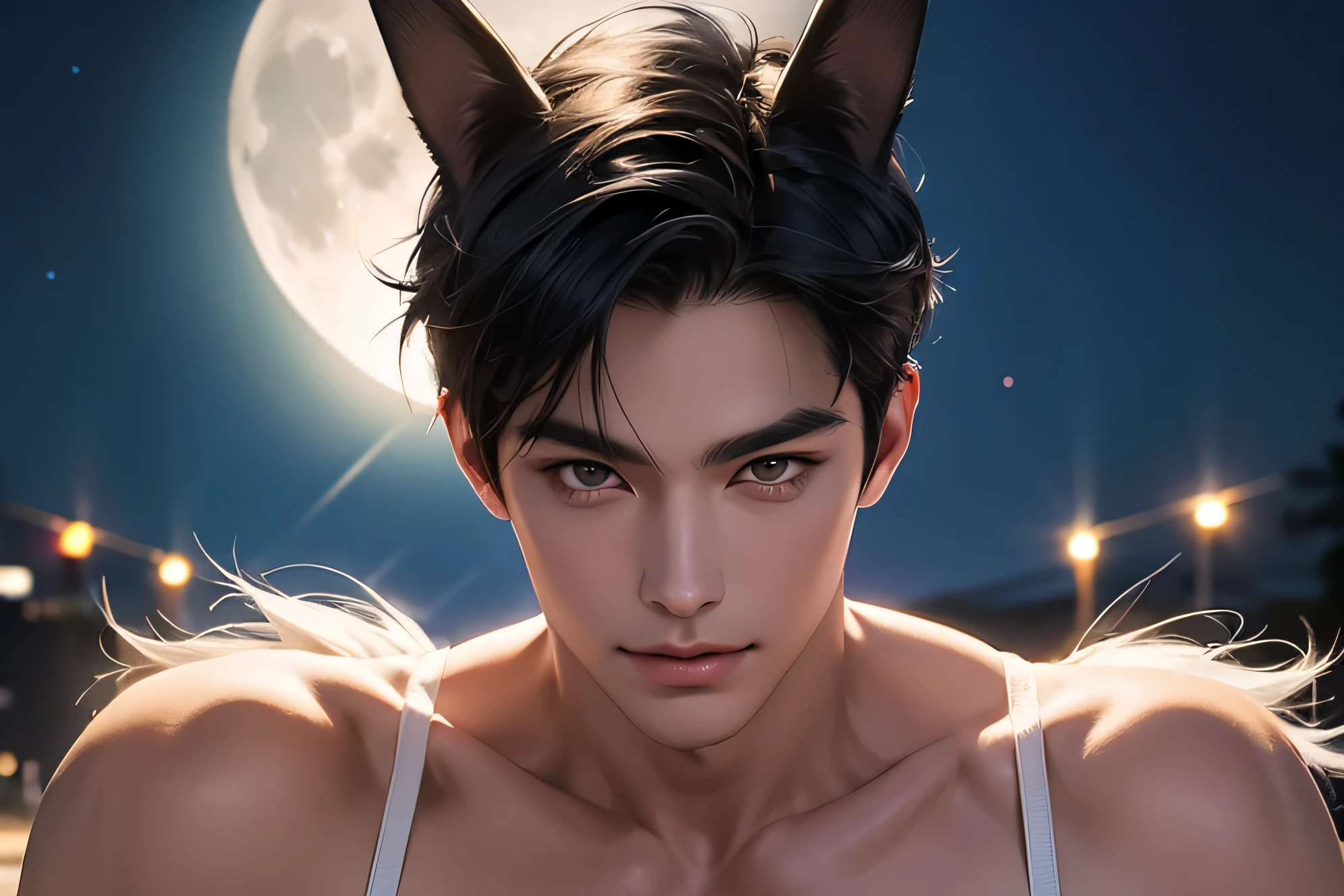 Japanese　　Handsome model　male　　smile　　　Black Hair　　Short cut　Short hair　　　looking at the camera　　　　　Shiny Metal Silver Thong　Mega Bulge　　looking at the camera　future world　 　　There is one full moon in the background　　　Face close-up　Bunny ears　