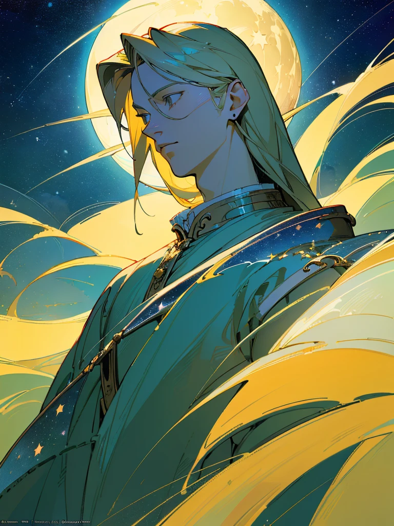 (masterpiece,top-quality,top-quality,Detailed and complex,official art,aesthetically pleasing:1.3),(male),(Link),(realistic art:1.3),(Long haired blonde hair),(moon,stars,celestial,ethereal,surreal,fantasy,cinematic lighting,background),chiaroscuro,intricate details,striking composition,elegant,regal,mesmerizing