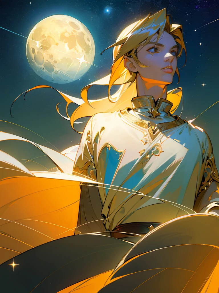 (masterpiece,top-quality,top-quality,Detailed and complex,official art,aesthetically pleasing:1.3),(male),(Link),(realistic art:1.3),(Long haired blonde hair),(moon,stars,celestial,fantasy,cinematic lighting,background),chiaroscuro,intricate details,striking composition,elegant,regal,mesmerizing