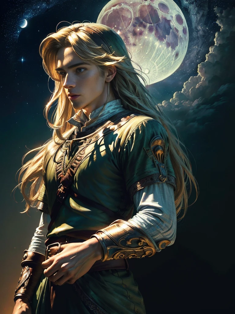 (masterpiece,top-quality,top-quality,Detailed and complex,official art,aesthetically pleasing:1.3),(male),(Link),(realistic art:1.3),(Long haired blonde hair),(moon,stars,celestial,fantasy,cinematic lighting,background),chiaroscuro,intricate details,striking composition,elegant,regal,mesmerizing