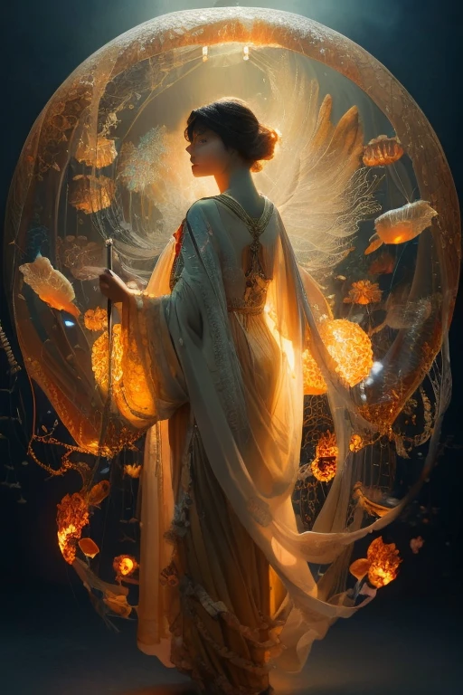 High resolution,Highest quality,Detailed composition,A fantastic sight, nice,  Surrounded by jellyfish、The Phoenix is full of flames, I saw your profile from afar, Ultra-wide-angle lens,Art by Alphonse Mucha, Volumetric lighting, Octane Rendering, 4K resolution, Trending on Art Station, masterpiece