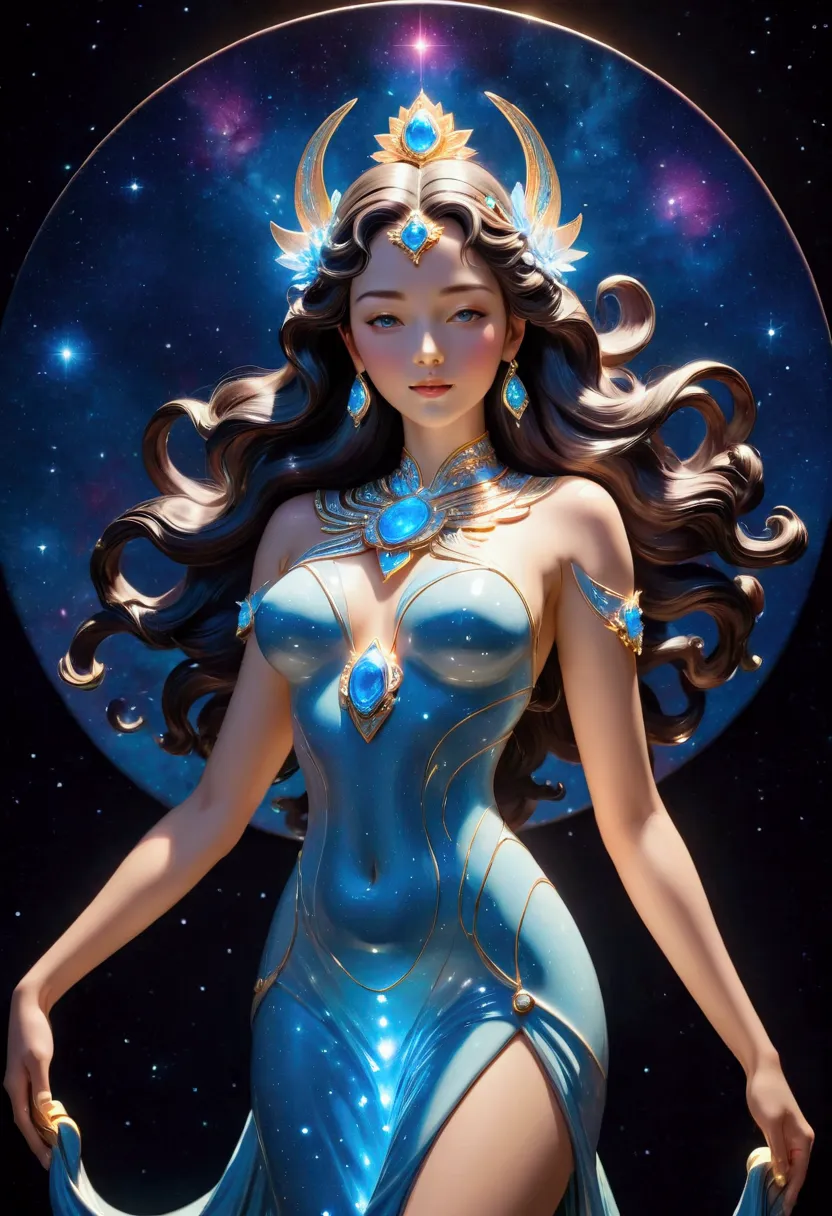 shining and glowing ceramics in a shape of a beautiful goddess in cosmos