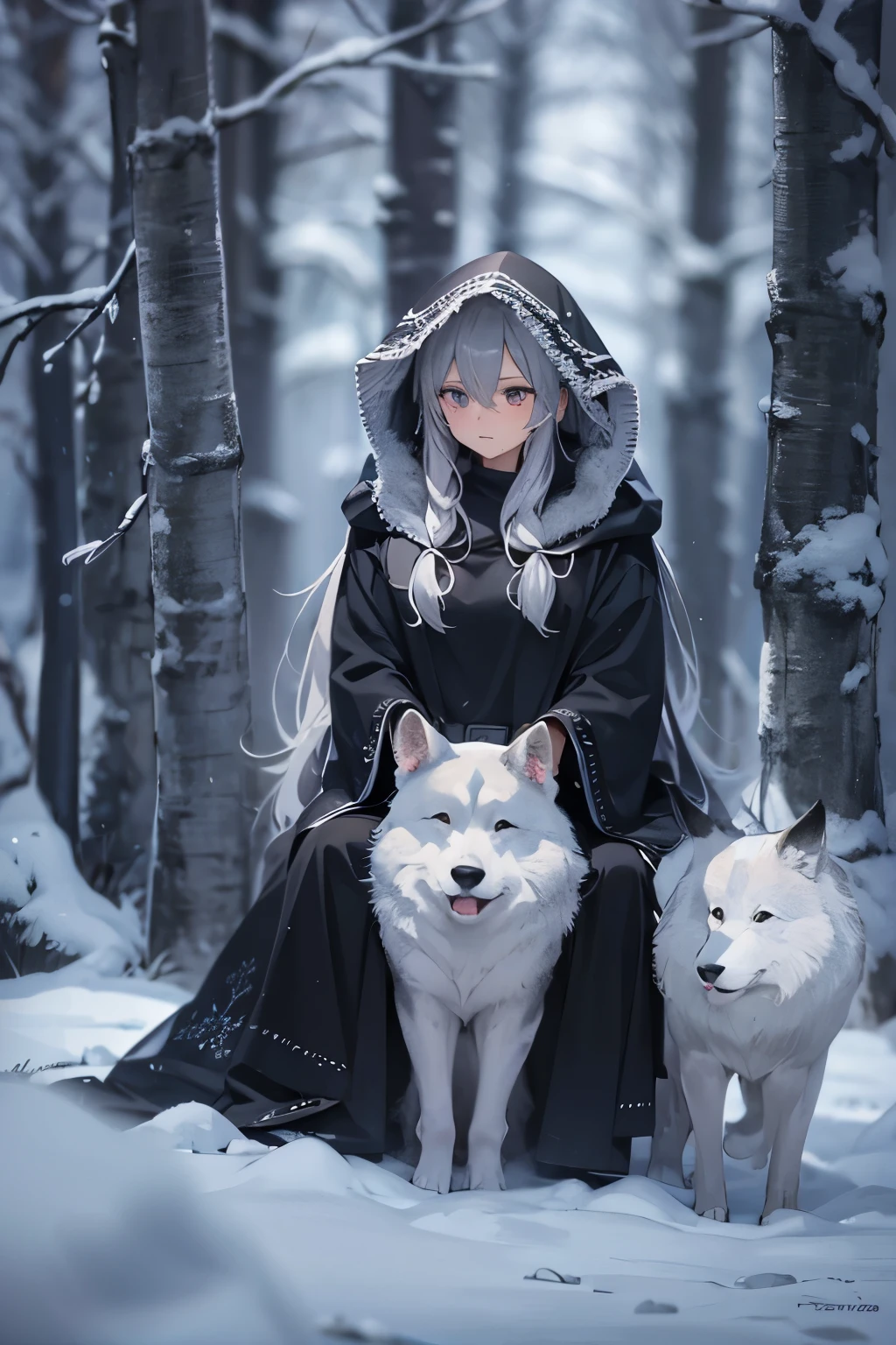 Silver Hair、Semi-long hair,{{{{{{{{ Oversized black hoodie }}}}}}}},Beautiful and delicate golden eyes,thought,Black clothes,Fairy,fairy tale,forest,winter,Haa,cold,snow,Wolf,animal,beast