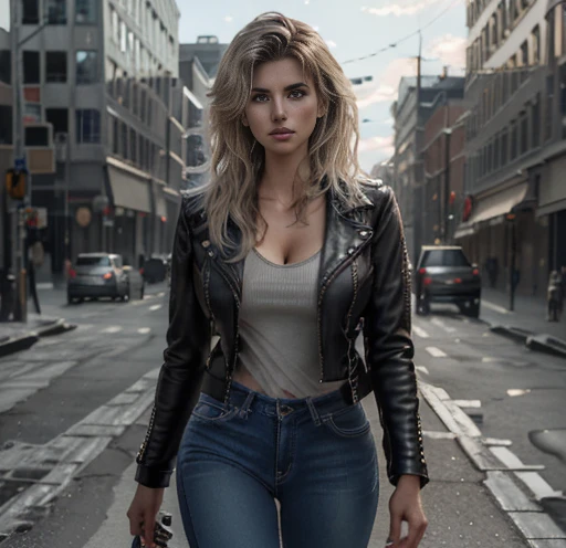 design, interrior, interriordesign Masterpiece, best quality, (highly detailed raw photo:1.2), 8k render in octane, volumetric lighting, volumetric shadows portrait of a woman, (pasionate look), jeans, leather jacket, pullover, walking in city