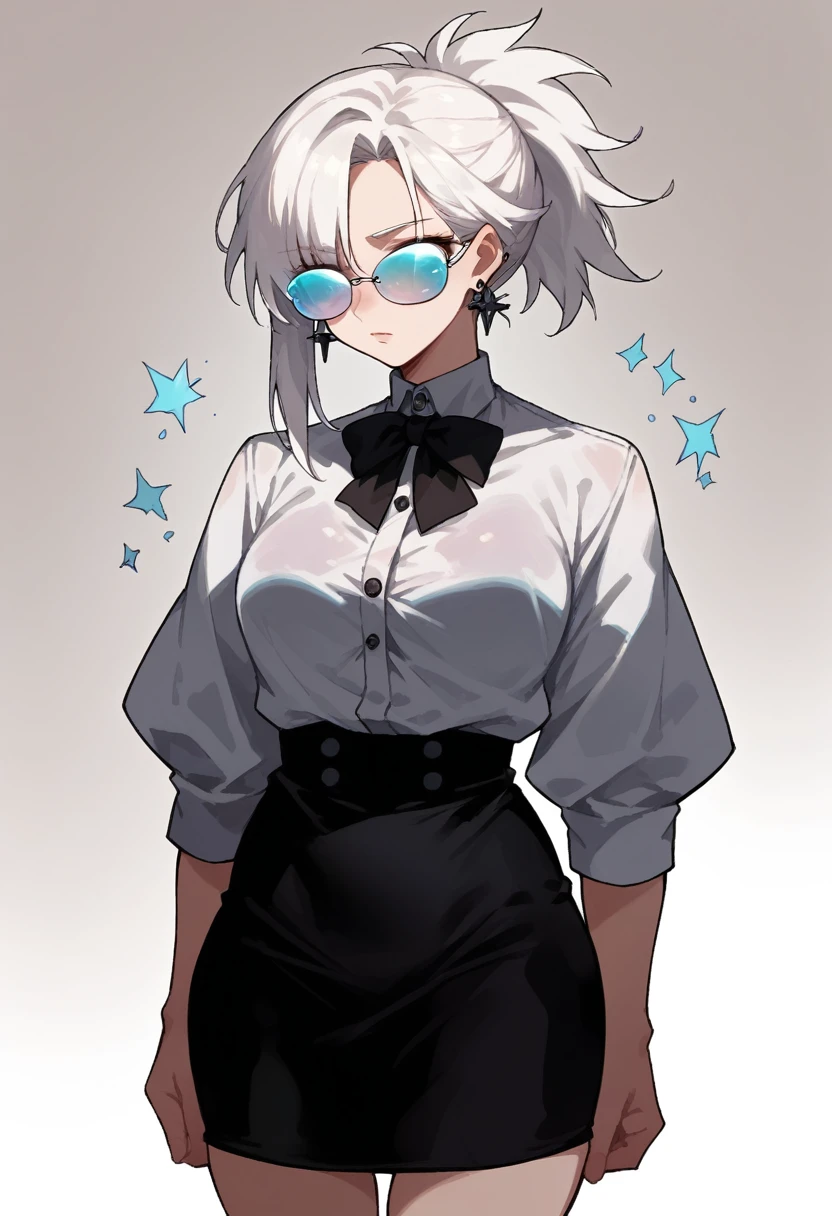 mature woman, white hair with bangs and ponytail,pointed bangs, fallen hair,large black earrings with blue dots, black button-down blouse, transparent sunglasses poited ,black skirt,70s anime style