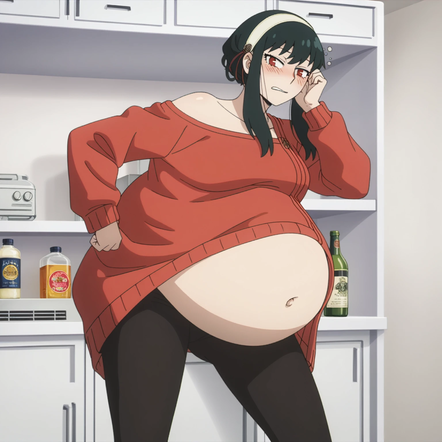 looking at viewer, solo, YorForger,1girl, ((middle breast)), ((belly stuffed)), ((huge belly)), ((very drunk)), ((staggers)), black hair, red eyes, short hair with long locks, white hairband, off shoulder, ((red sweater)), black pantyhose, ((drank too much)), ((exhausted)), ((agitated)), ((in front of a fridge)), ((open fridge)), ((lean on the fridge)),