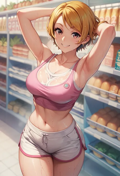 koizumi_hanayo,pink crop top, white tight shorts,soaked in sweat,sweaty,red face,blunt hair,curvy body, standing in supermarket ...