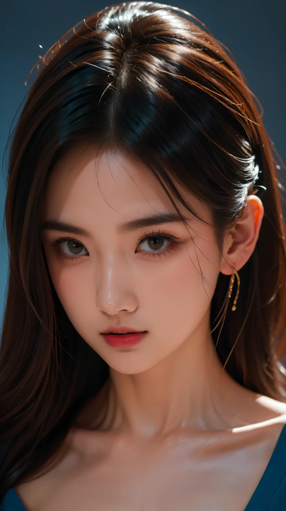 "Step into a world of vibrant colors and intricate details with this 16k masterpiece. The composition is carefully crafted, drawing your gaze to the teenage girl with black hair and innocent eyes. Against the dark backdrop, her energy shines in a brilliant blue hue, captivating your imagination."