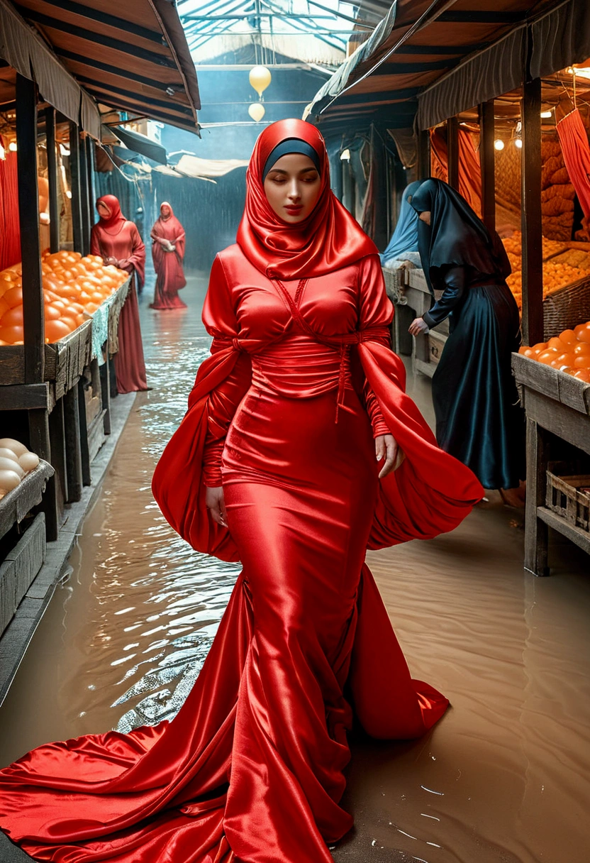 A woman shrouded in a 9-meter-long, plush red satin cloth, tightly bound and grandly draping along the form of her body, flowing off into a pooled floor-length train, styled in a mermaid-inspired outfit with ballon sleeve, her head modestly veiled in a satin hijab, tall woman, walk in wet traditional market, a full-body pose conveying a sense of elegance, captured in a 4k resolution, ultra-realistic