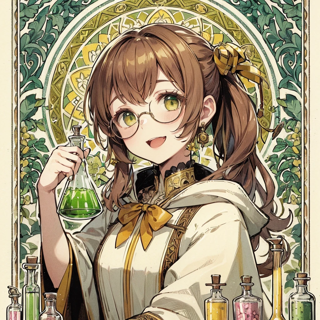 absurdres, best quality, fine detailed, 8k, 1girl, Brown hair, green eyes, ponytail, white gothic fantasy robe, yellow ribbon, smile, ribbon hair ornament, glasses, earrings, hood, yellow collar, beaker, flask, laboratory equipment, Mucha style frame background, arabesque pattern, plants