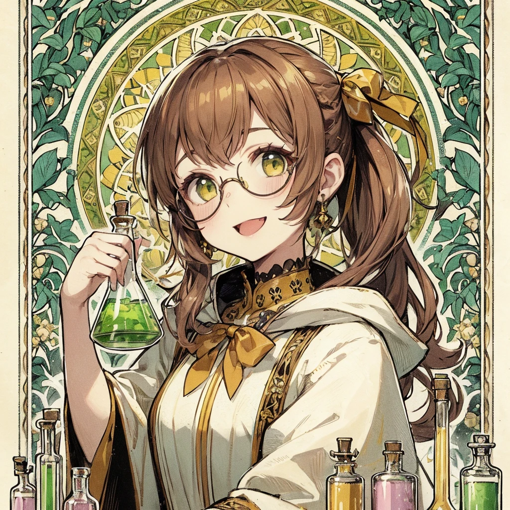 absurdres, best quality, fine detailed, 8k, 1girl, Brown hair, green eyes, ponytail, white gothic fantasy robe, yellow ribbon, smile, ribbon hair ornament, glasses, earrings, hood, yellow collar, beaker, flask, laboratory equipment, Mucha style frame background, arabesque pattern, plants