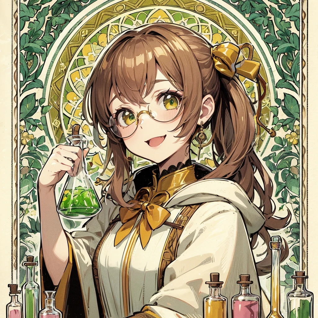 absurdres, best quality, fine detailed, 8k, anime coloring, 1girl, Brown hair, green eyes, ponytail, white gothic fantasy robe, yellow ribbon, smile, ribbon hair ornament, glasses, earrings, hood, yellow collar, beaker, flask, laboratory equipment, Mucha style frame background, arabesque pattern, plants